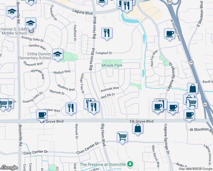 map of restaurants, bars, coffee shops, grocery stores, and more near 8196 Burloak Way in Elk Grove
