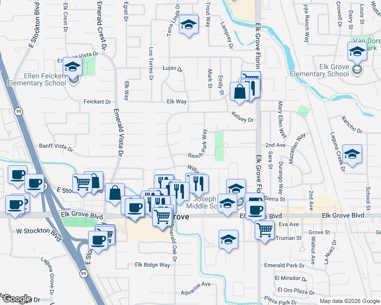 map of restaurants, bars, coffee shops, grocery stores, and more near 9466 Ranch Park Way in Elk Grove