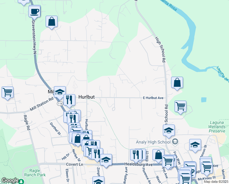 map of restaurants, bars, coffee shops, grocery stores, and more near 7380 East Hurlbut Avenue in Sebastopol