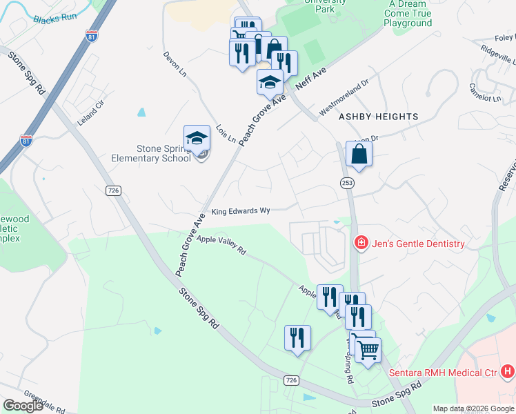 map of restaurants, bars, coffee shops, grocery stores, and more near 1180 King Edward Way in Harrisonburg