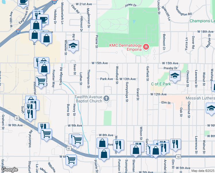 map of restaurants, bars, coffee shops, grocery stores, and more near 2028 Gloria Street in Emporia