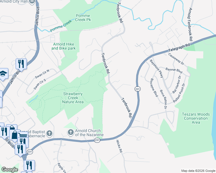 map of restaurants, bars, coffee shops, grocery stores, and more near 3521 Tenbrook Road in Arnold