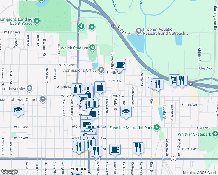 map of restaurants, bars, coffee shops, grocery stores, and more near 1261-1299 Highland St in Emporia