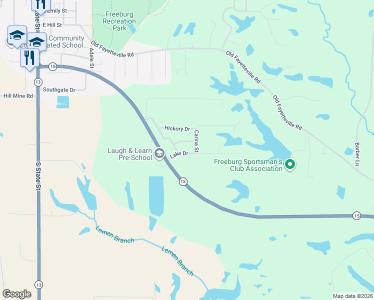 map of restaurants, bars, coffee shops, grocery stores, and more near 104 Willow Drive in Freeburg