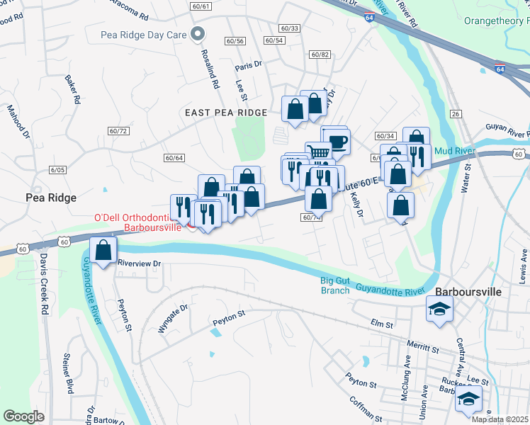 map of restaurants, bars, coffee shops, grocery stores, and more near 101 River Road in Barboursville