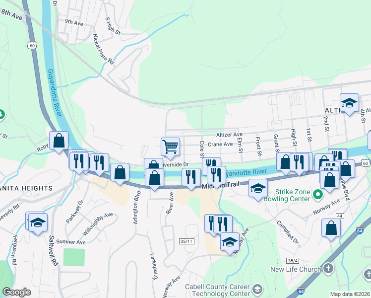 map of restaurants, bars, coffee shops, grocery stores, and more near 3401 Crane Avenue in Huntington
