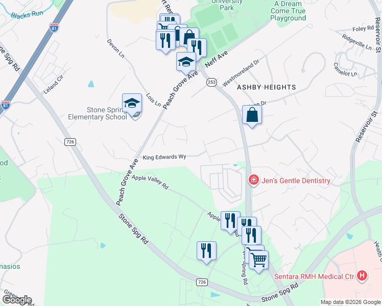 map of restaurants, bars, coffee shops, grocery stores, and more near 1240 King Edward Way in Harrisonburg
