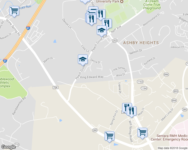 map of restaurants, bars, coffee shops, grocery stores, and more near 1180 King Edward Way in Harrisonburg