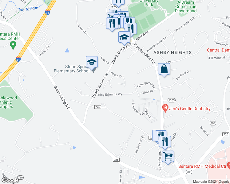 map of restaurants, bars, coffee shops, grocery stores, and more near 1180 King Edwards Way in Harrisonburg