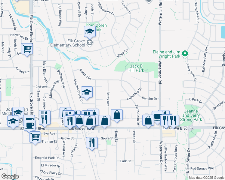 map of restaurants, bars, coffee shops, grocery stores, and more near 9474 Batey Avenue in Elk Grove