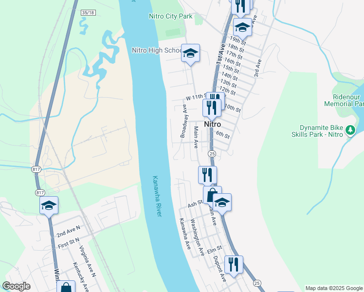 map of restaurants, bars, coffee shops, grocery stores, and more near 101-105 Lock Street in Nitro