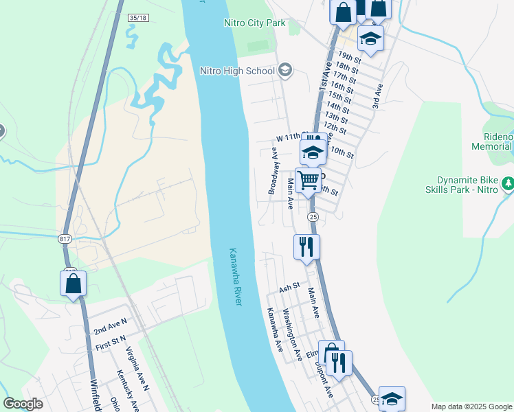 map of restaurants, bars, coffee shops, grocery stores, and more near 96 Lock Ave in Nitro