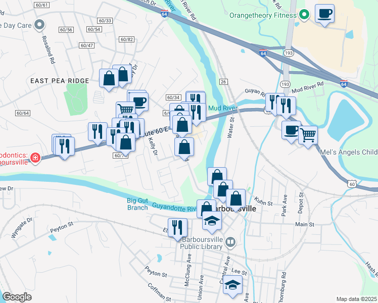 map of restaurants, bars, coffee shops, grocery stores, and more near 6451 Farmdale Road in Barboursville