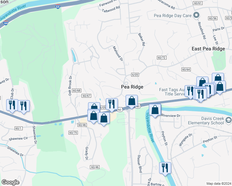 map of restaurants, bars, coffee shops, grocery stores, and more near 5826 East Pea Ridge Road in Huntington