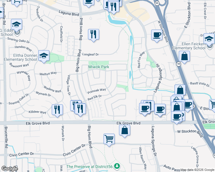 map of restaurants, bars, coffee shops, grocery stores, and more near 8241 Primoak Way in Elk Grove