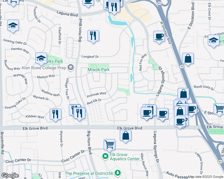 map of restaurants, bars, coffee shops, grocery stores, and more near 9469 Plainoak Way in Elk Grove
