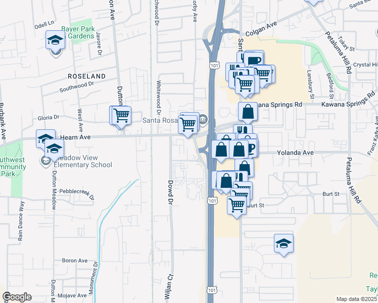 map of restaurants, bars, coffee shops, grocery stores, and more near 2600 Corby Avenue in Santa Rosa
