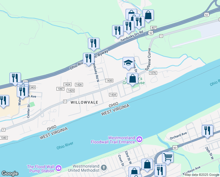 map of restaurants, bars, coffee shops, grocery stores, and more near 18 Township Road 1434 in South Point