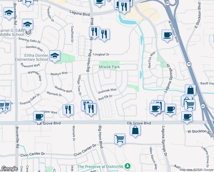 map of restaurants, bars, coffee shops, grocery stores, and more near 8196 Burloak Way in Elk Grove