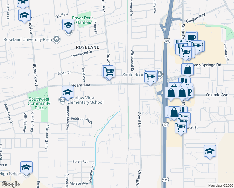 map of restaurants, bars, coffee shops, grocery stores, and more near 2627 Victoria Drive in Santa Rosa