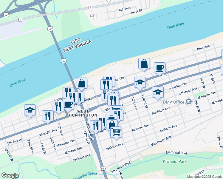 map of restaurants, bars, coffee shops, grocery stores, and more near 1302 Washington Avenue in Huntington