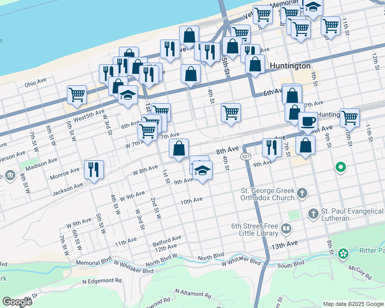 map of restaurants, bars, coffee shops, grocery stores, and more near 234 8th Avenue in Huntington