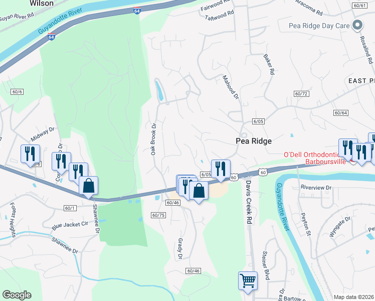 map of restaurants, bars, coffee shops, grocery stores, and more near 5727 E Glen Carla Dr in Huntington