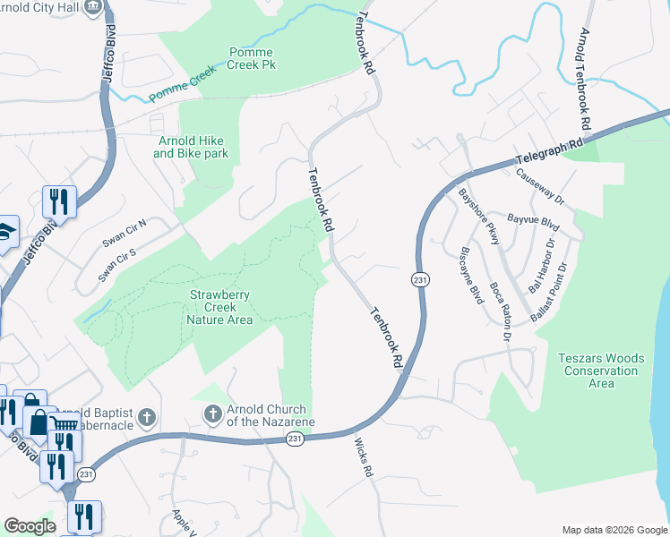 map of restaurants, bars, coffee shops, grocery stores, and more near 3521 Tenbrook Road in Arnold