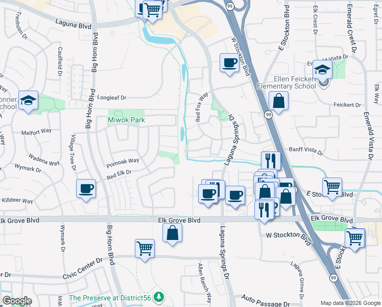 map of restaurants, bars, coffee shops, grocery stores, and more near 8304 Fox Hound Circle in Elk Grove
