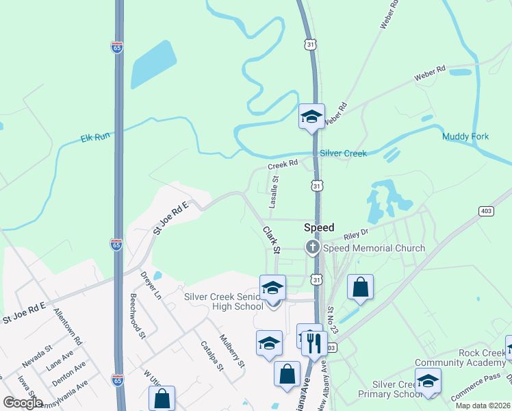 map of restaurants, bars, coffee shops, grocery stores, and more near 105 Clark Street in Sellersburg
