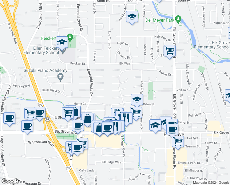 map of restaurants, bars, coffee shops, grocery stores, and more near 8712 Milo Court in Elk Grove
