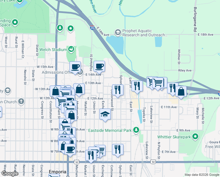 map of restaurants, bars, coffee shops, grocery stores, and more near 1225 Cottonwood Street in Emporia