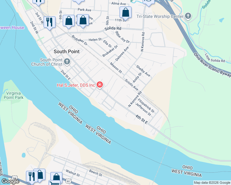 map of restaurants, bars, coffee shops, grocery stores, and more near 107 Garden Court in South Point