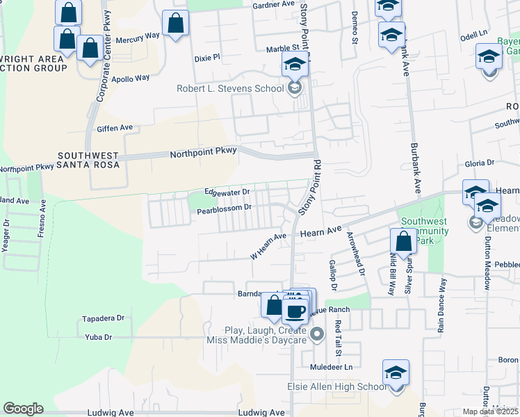 map of restaurants, bars, coffee shops, grocery stores, and more near 2664 Pearblossom Drive in Santa Rosa
