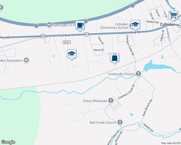 map of restaurants, bars, coffee shops, grocery stores, and more near 1115 Oakwood Road in Culloden