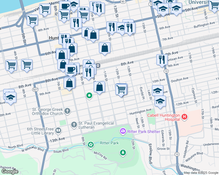 map of restaurants, bars, coffee shops, grocery stores, and more near 921 11th Street in Huntington