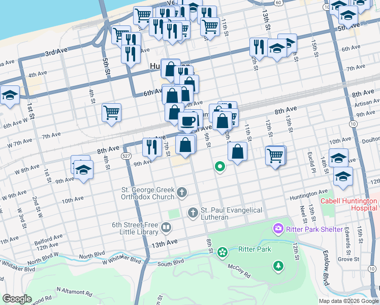 map of restaurants, bars, coffee shops, grocery stores, and more near 824 9th Avenue in Huntington