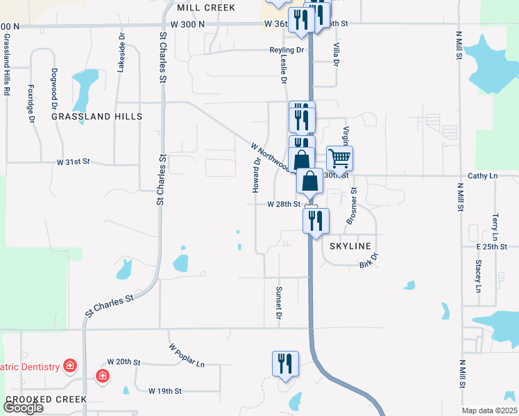 map of restaurants, bars, coffee shops, grocery stores, and more near West 28th Street in Jasper