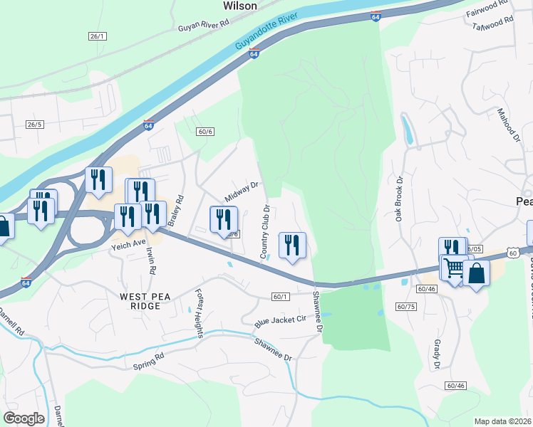 map of restaurants, bars, coffee shops, grocery stores, and more near 6551 Country Club Drive in Huntington