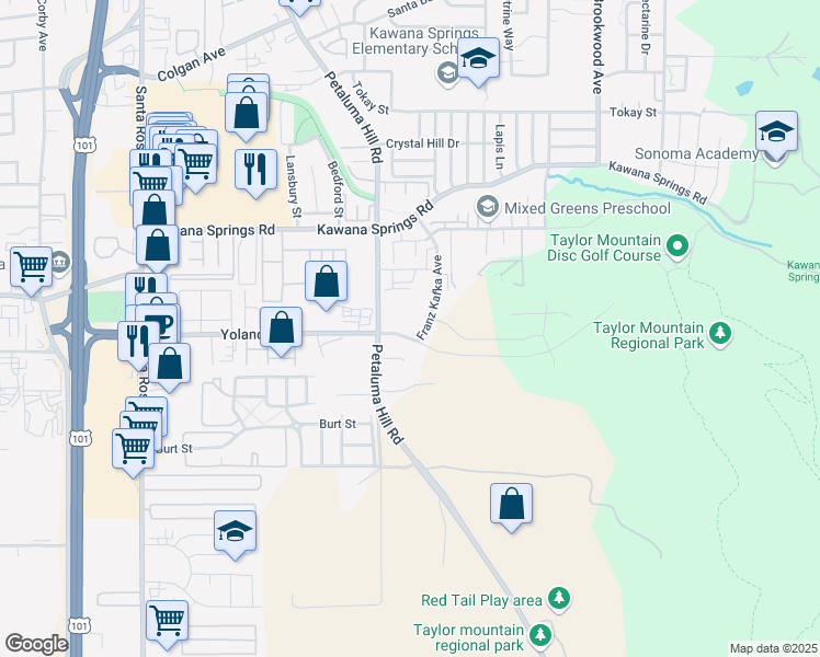 map of restaurants, bars, coffee shops, grocery stores, and more near 2825 Farmers Lane in Santa Rosa