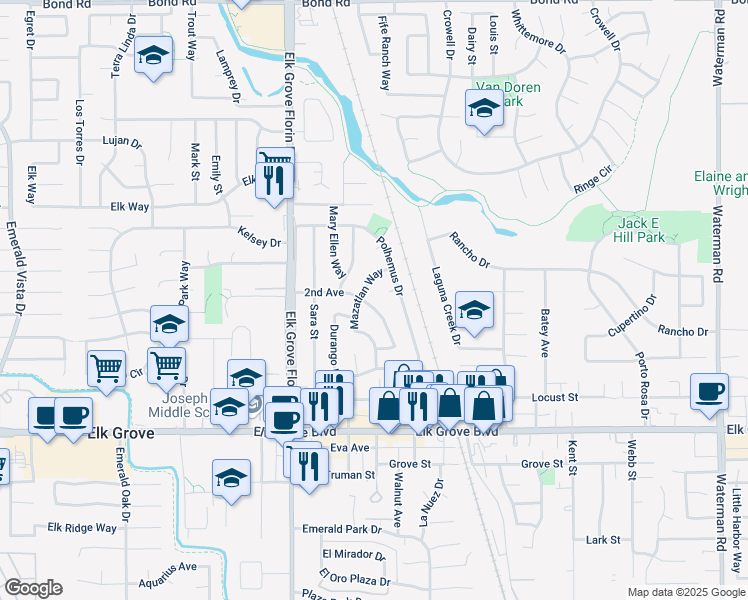 map of restaurants, bars, coffee shops, grocery stores, and more near 9407 2nd Avenue in Elk Grove