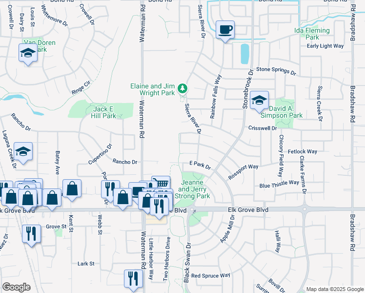 map of restaurants, bars, coffee shops, grocery stores, and more near 9368 Hambley Circle in Elk Grove