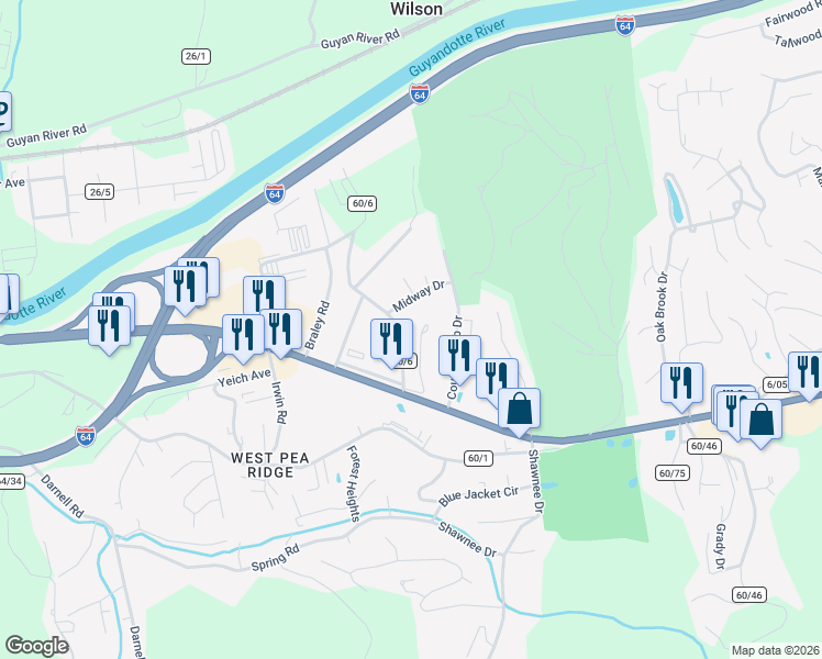 map of restaurants, bars, coffee shops, grocery stores, and more near 5175 Cherry Lawn Road in Huntington