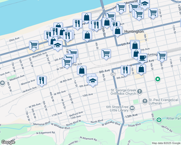 map of restaurants, bars, coffee shops, grocery stores, and more near 234 8th Avenue in Huntington