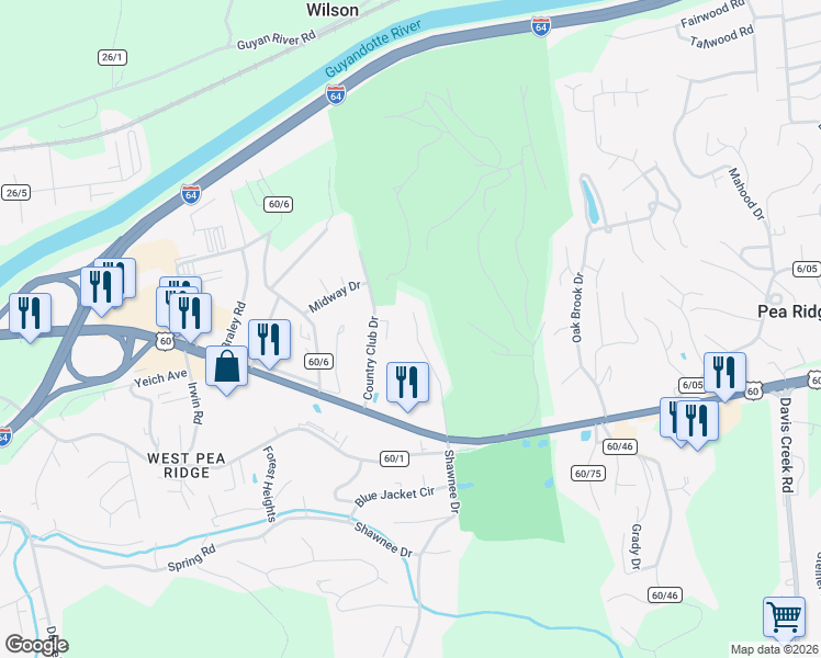 map of restaurants, bars, coffee shops, grocery stores, and more near 5399 Longwood Rd in Huntington