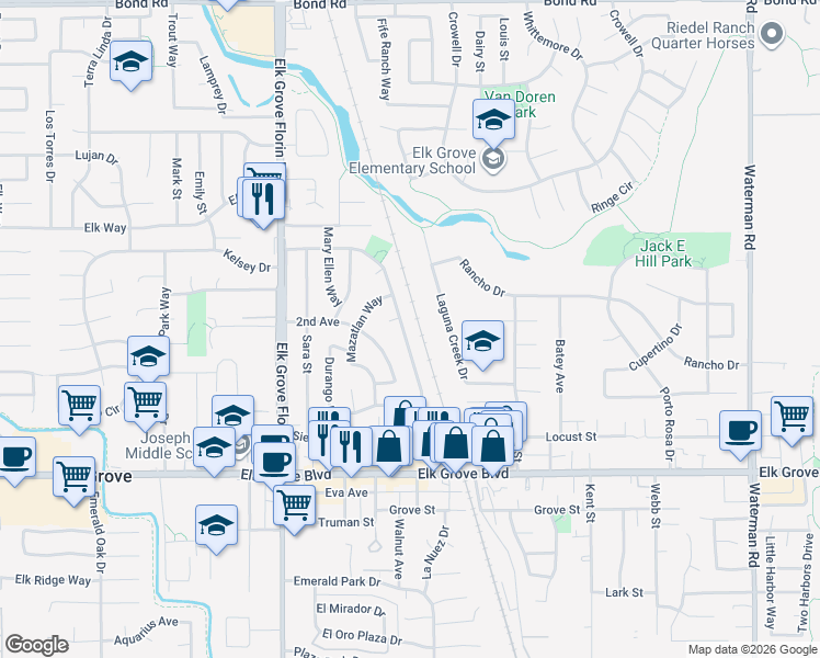 map of restaurants, bars, coffee shops, grocery stores, and more near 9397 Polhemus Drive in Elk Grove