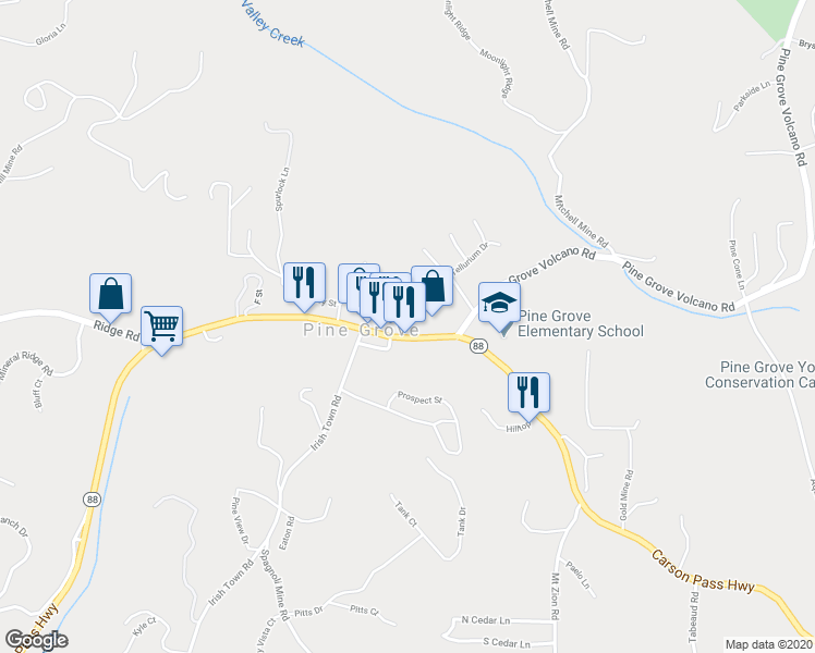 map of restaurants, bars, coffee shops, grocery stores, and more near 19895 California 88 in Pine Grove