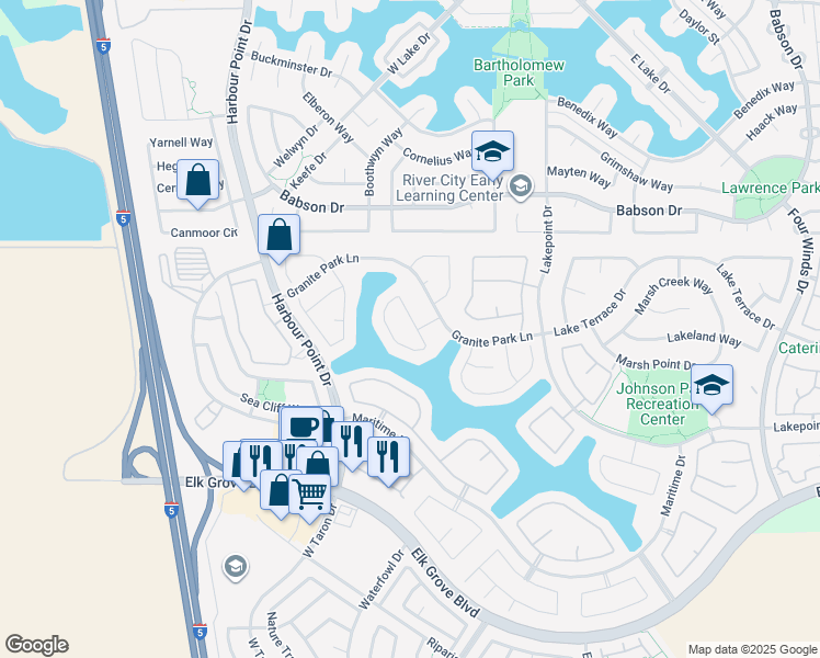 map of restaurants, bars, coffee shops, grocery stores, and more near 2701 Robinson Creek Lane in Elk Grove