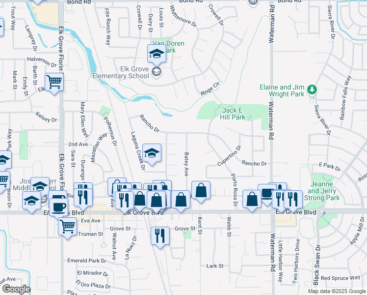 map of restaurants, bars, coffee shops, grocery stores, and more near 9474 Batey Avenue in Elk Grove