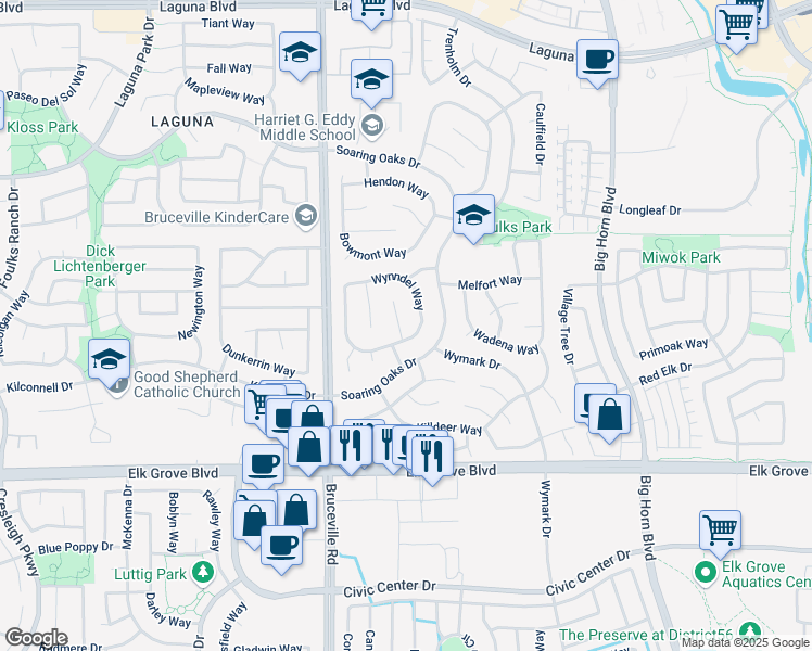 map of restaurants, bars, coffee shops, grocery stores, and more near 9471 Fairlight Court in Elk Grove